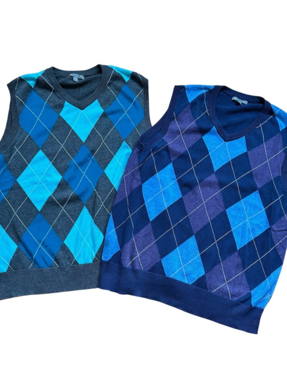 TWO Gap Mens Argyle Sweater Vests Size M Blue Purple Gray Grandpa 100% Cotton
